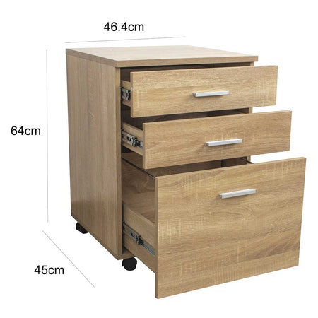 Cassettiera da Ufficio Scrivania in Legno MDF 3 Cassetti 46x45 H64cm Quercia