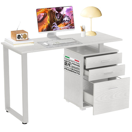 Scrivania in Legno con Cassettiera integrata Porta Pc Computer 120x50cm Bianco Frass