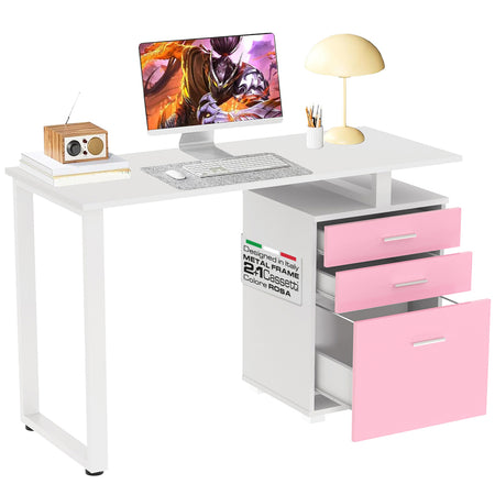 Scrivania in Legno con Cassettiera integrata Porta Pc Computer 120x50cm Rosa Bianco