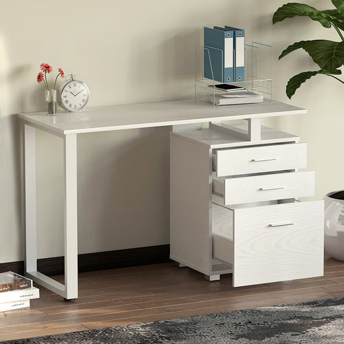 Scrivania in Legno con Cassettiera integrata Porta Pc Computer 120x50cm Bianco Frass