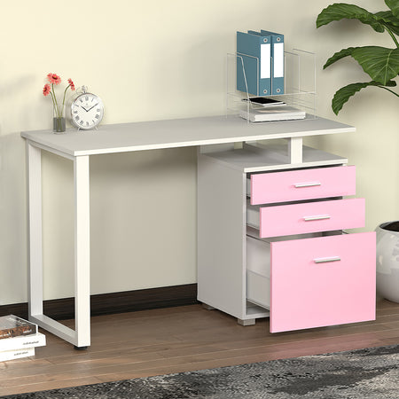 Scrivania in Legno con Cassettiera integrata Porta Pc Computer 120x50cm Rosa Bianco