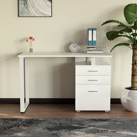 Scrivania in Legno con Cassettiera integrata Porta Pc Computer 120x50cm Bianco Frass