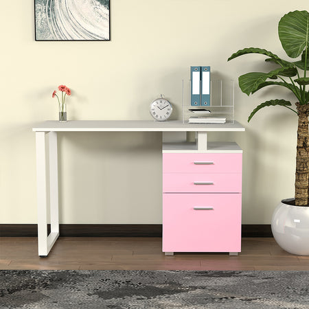 Scrivania in Legno con Cassettiera integrata Porta Pc Computer 120x50cm Rosa Bianco