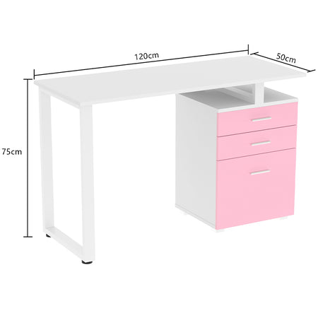 Scrivania in Legno con Cassettiera integrata Porta Pc Computer 120x50cm Rosa Bianco