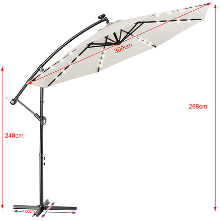 Ombrellone da Giardino 3mt Palo Decentrato 8stecche Carrucola Luci Led Beige