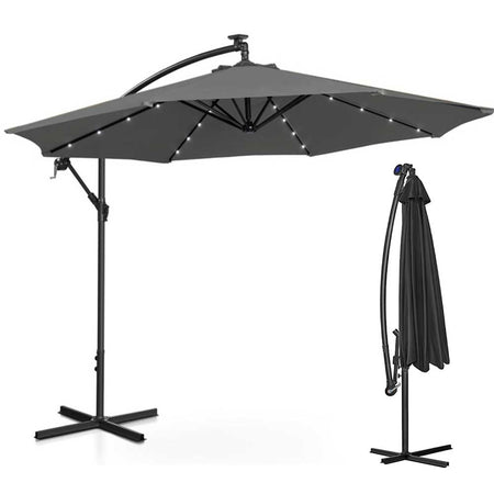 Ombrellone da Giardino 3mt Palo Decentrato 8stecche Carrucola Luci Led Grigio