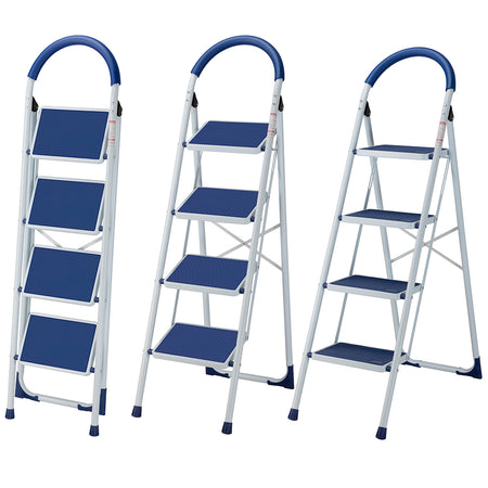 Scala Sgabello Pieghevole 4 Gradini Antiscivolo Metallo Verniciato max 150kg Blu