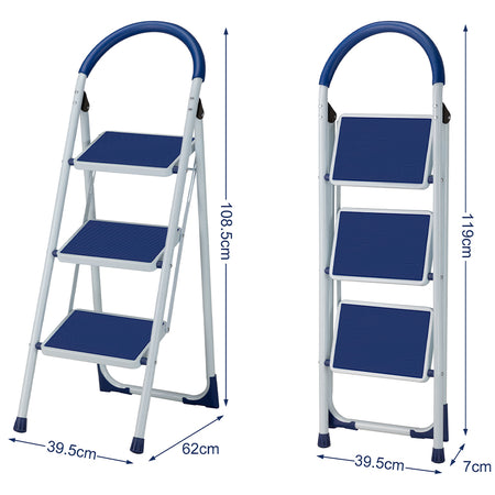 Scala Sgabello Pieghevole 3 Gradini Antiscivolo Metallo Verniciato max 150kg Blu