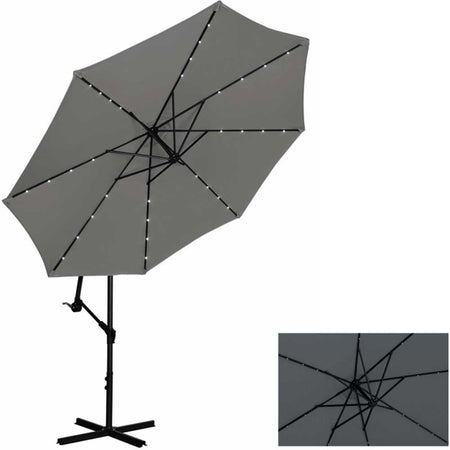 Ombrellone da Giardino 3mt Palo Decentrato 8stecche Carrucola Luci Led Grigio