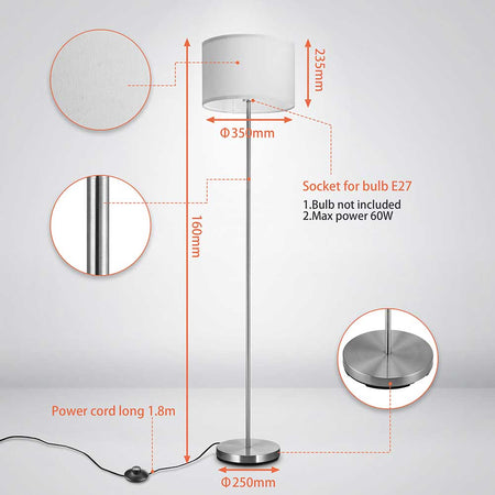 Lampada Piantana da Terra Moderna 160cm Paralume in Tessuto E27 60W Silver Bianco