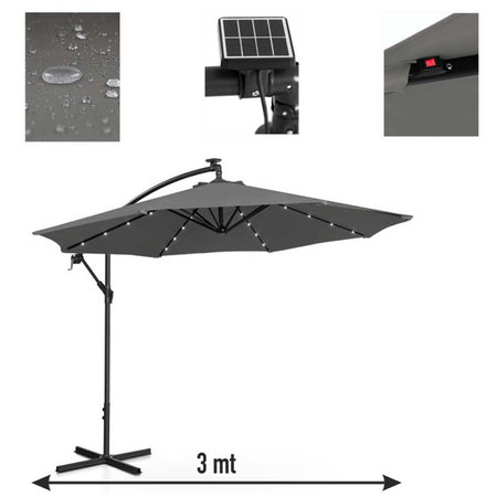 Ombrellone da Giardino 3mt Palo Decentrato 8stecche Carrucola Luci Led Grigio