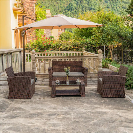 Set da Giardino in Rattan 2 Poltrone, Divano 2 posti e Tavolino con Cuscini Grigio