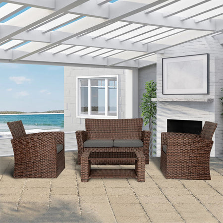 Set da Giardino in Rattan 2 Poltrone, Divano 2 posti e Tavolino con Cuscini Grigio