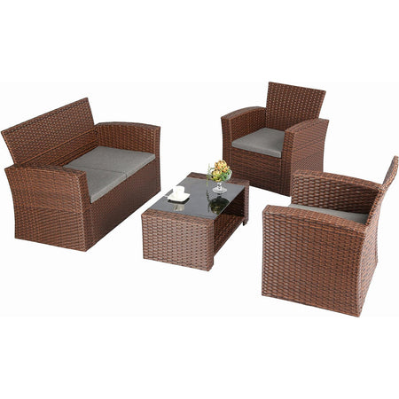 Set da Giardino in Rattan 2 Poltrone, Divano 2 posti e Tavolino con Cuscini Grigio