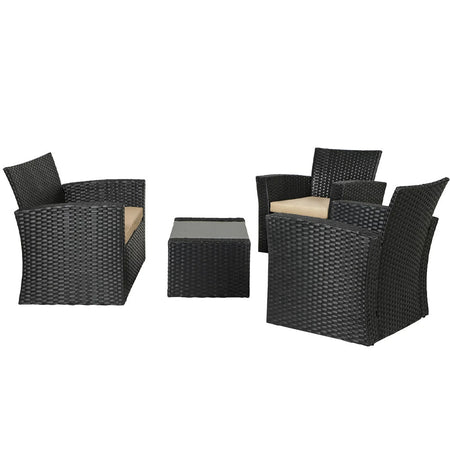 Set da Giardino in Rattan 2 Poltrone, Divano 2 posti e Tavolino con Cuscini Beige