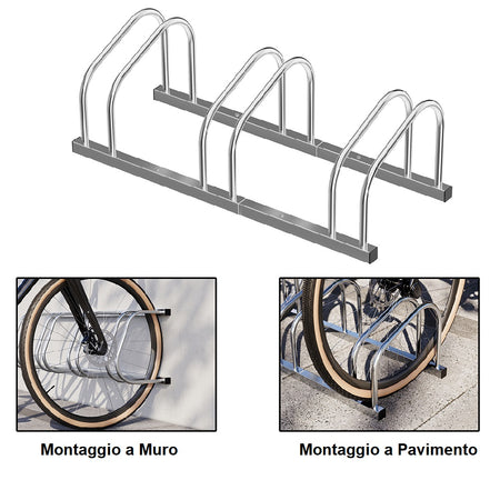 Rastrelliera Parcheggio Bici 3 Posti in Acciaio 33x27x72 cm Silver