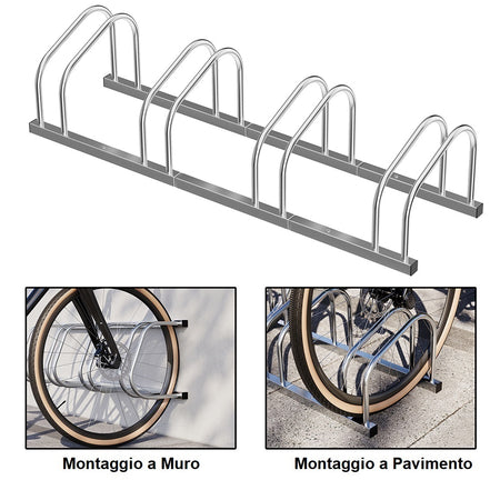 Rastrelliera Parcheggio Bici 4 Posti in Acciaio 33x27x100 cm Silver