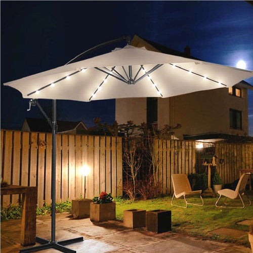 Ombrellone da Giardino 3mt Palo Decentrato 8stecche Carrucola Luci Led Ecrù