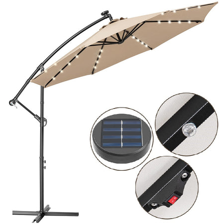 Ombrellone da Giardino 3mt Palo Decentrato 8stecche Carrucola Luci Led Ecrù