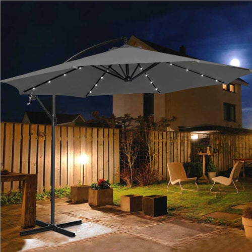 Ombrellone da Giardino 3mt Palo Decentrato 8stecche Carrucola Luci Led Grigio
