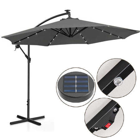 Ombrellone da Giardino 3mt Palo Decentrato 8stecche Carrucola Luci Led Grigio