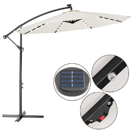 Ombrellone da Giardino 3mt Palo Decentrato 8stecche Carrucola Luci Led Beige