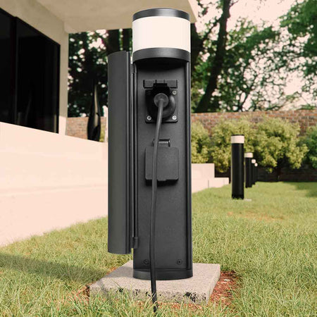 Faretto Led da Giardino Paletto H46cm Nero con 2 Prese Integrate Luce Bianco Caldo