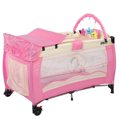 Lettino Culla da Campeggio Pieghevole con Fasciatoio Arco Giochi e Ruote Rosa