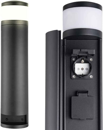 Faretto Led da Giardino Paletto H46cm Nero con 2 Prese Integrate Luce Bianco Caldo