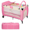 Lettino Culla da Campeggio Pieghevole con Fasciatoio Arco Giochi e Ruote Rosa