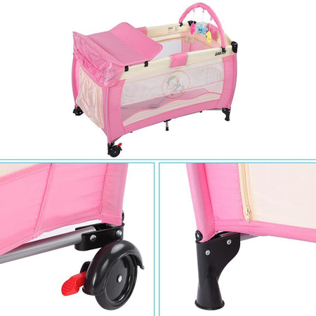 Lettino Culla da Campeggio Pieghevole con Fasciatoio Arco Giochi e Ruote Rosa