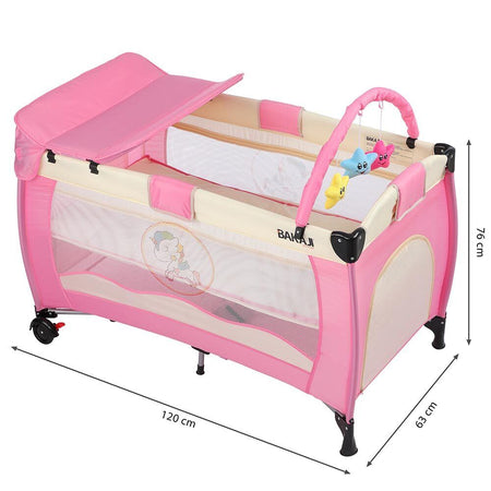 Lettino Culla da Campeggio Pieghevole con Fasciatoio Arco Giochi e Ruote Rosa
