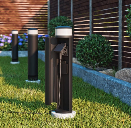 Faretto Led da Giardino Paletto H46cm Nero con 2 Prese Integrate Luce Bianco Caldo