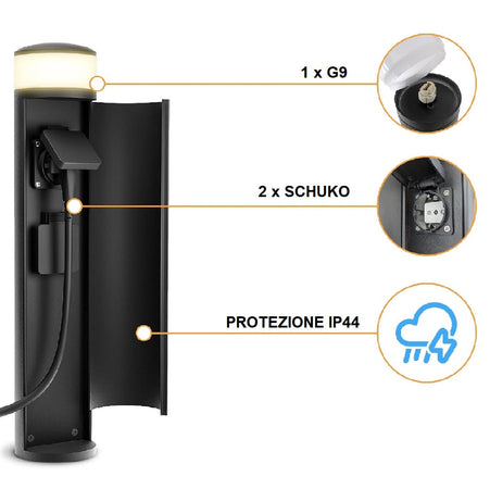Faretto Led da Giardino Paletto H46cm Nero con 2 Prese Integrate Luce Bianco Caldo