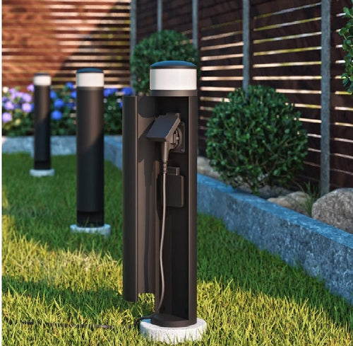 Faretto Led da Giardino Paletto H60cm Nero con 2 Prese Integrate Luce Bianco Caldo