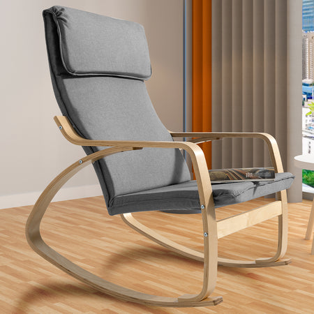 Poltrona a Dondolo Moderna legno Betulla Sedia Relax Cotone Grigio Poggiatesta