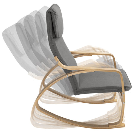 Poltrona a Dondolo Moderna legno Betulla Sedia Relax Cotone Grigio Poggiatesta
