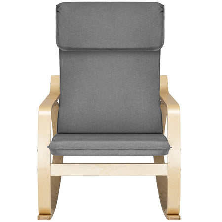 Poltrona a Dondolo Moderna legno Betulla Sedia Relax Cotone Grigio Poggiatesta