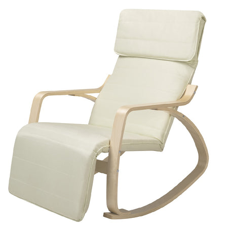 Poltrona a Dondolo in legno di Betulla con Poggiapiedi Regolabile 67x120x90cm Beige