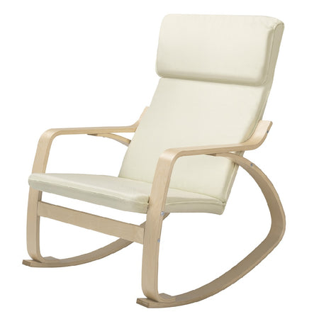 Poltrona a Dondolo Moderna legno Betulla Sedia Relax Cotone Beige Poggiatesta