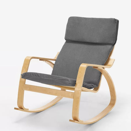 Poltrona a Dondolo Moderna legno Betulla Sedia Relax Cotone Grigio Poggiatesta