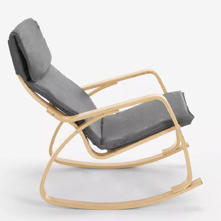 Poltrona a Dondolo Moderna legno Betulla Sedia Relax Cotone Grigio Poggiatesta