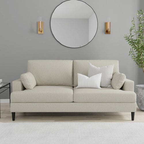 Divano 3 Posti in Tessuto Beige Gambe in Legno e Cuscini Moderno 191x88 H84cm