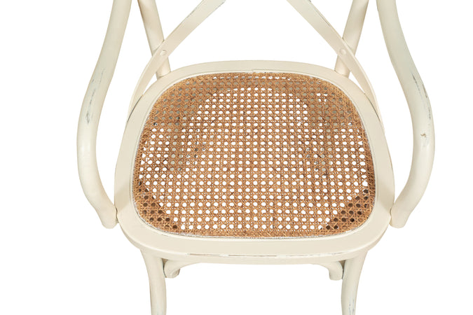 Biscottini Sedia con braccioli Thonet in massello di frassino bianca anticata e seduta in paglia di Vienna