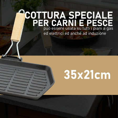 Bistecchiera in Ghisa Manico Pieghevole Antiaderente Tutti i Piani Cottura 21x35