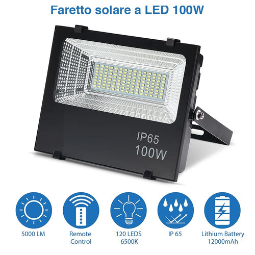 Faro Esterno LED 100W Ricarica Solare Telecomando Crepuscolare Dimmerabile Timer