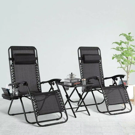 Kit da Giardino 2 Sdraio Zero Gravity e 1 Tavolino Tutto Pieghevole e Salvaspazio