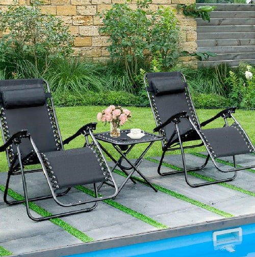 Kit da Giardino 2 Sdraio Zero Gravity e 1 Tavolino Tutto Pieghevole e Salvaspazio