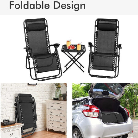 Kit da Giardino 2 Sdraio Zero Gravity e 1 Tavolino Tutto Pieghevole e Salvaspazio