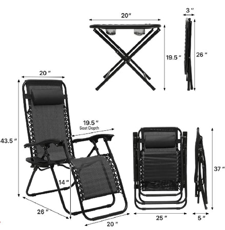 Kit da Giardino 2 Sdraio Zero Gravity e 1 Tavolino Tutto Pieghevole e Salvaspazio